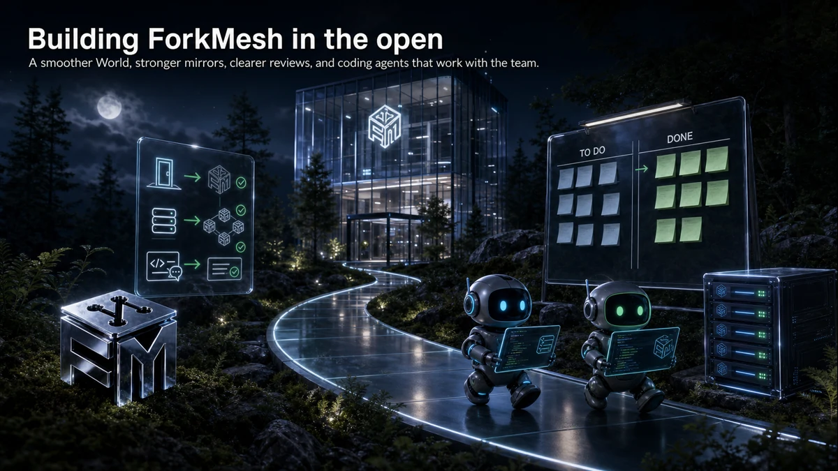 ForkMesh Office, task board, mirror node, and coding agents in a moonlit forest