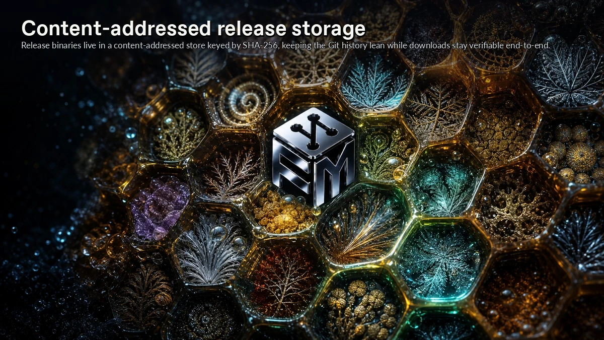 Abstract ForkMesh artwork for Content-addressed release storage