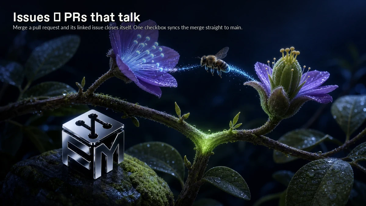 Abstract ForkMesh artwork for Issues ↔ PRs that talk
