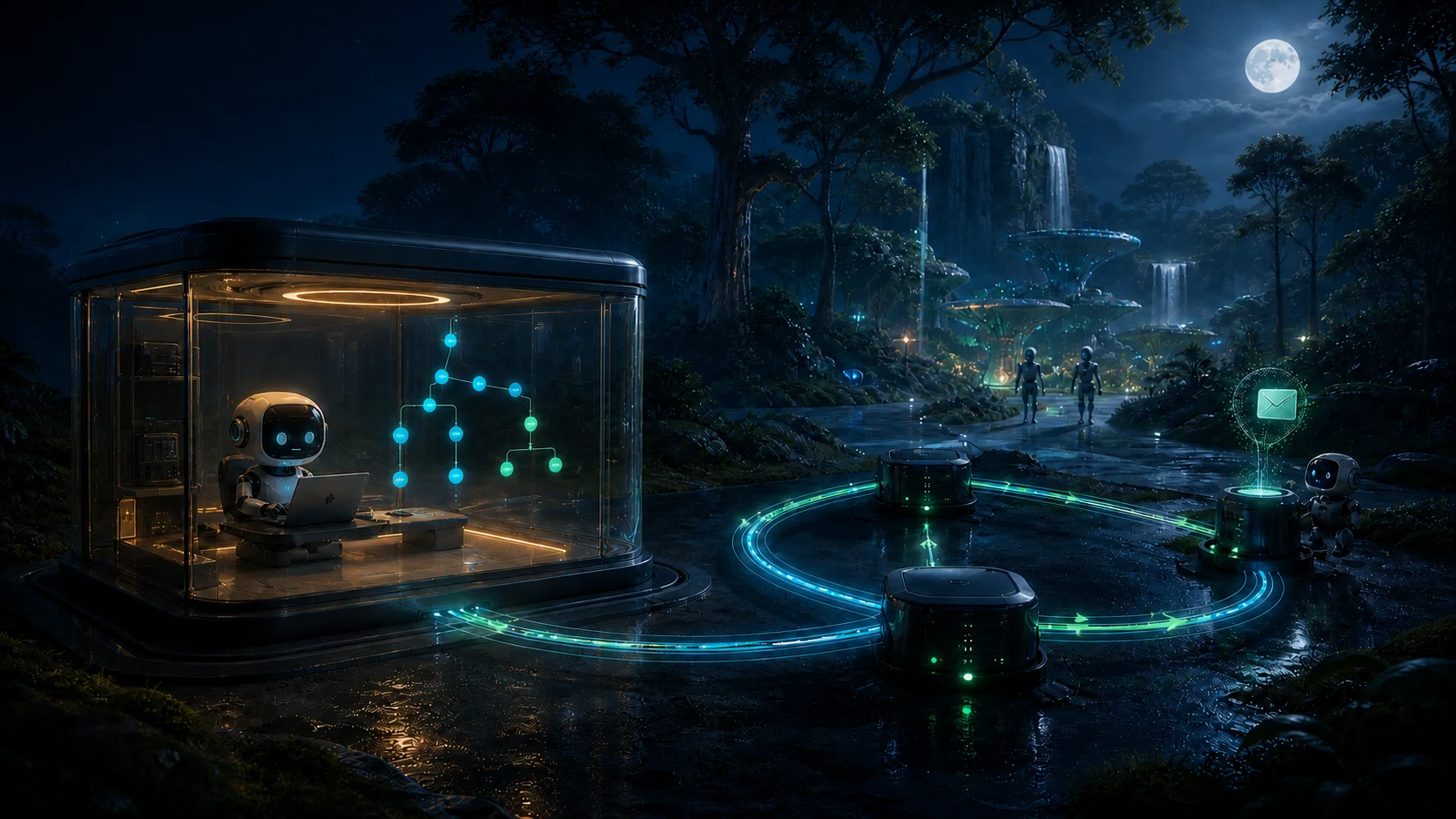 A coding agent inside a moonlit glass virtual-machine chamber connected to three compact mirror nodes in a cyan and green loop